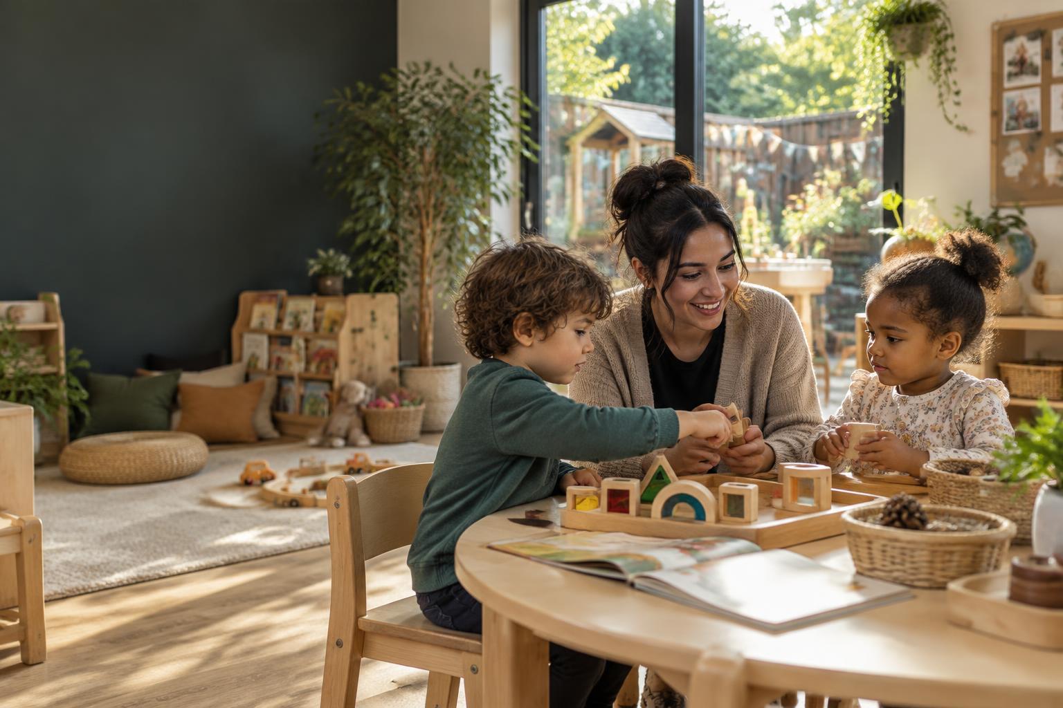 Nursery practitioner helping two children learn through play in an early years room